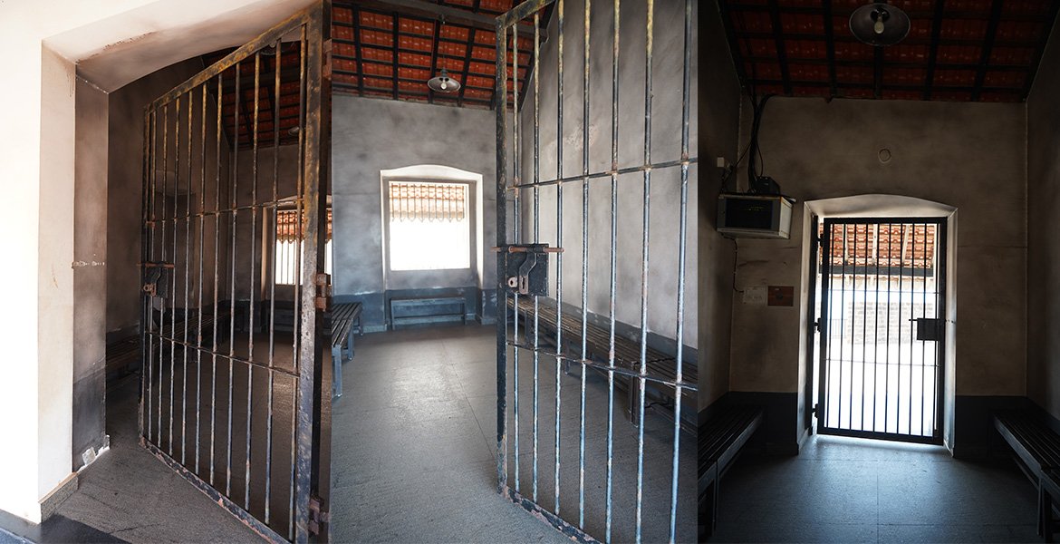 Aguada Jail Museum Goa historic prison cell with iron bars and benches