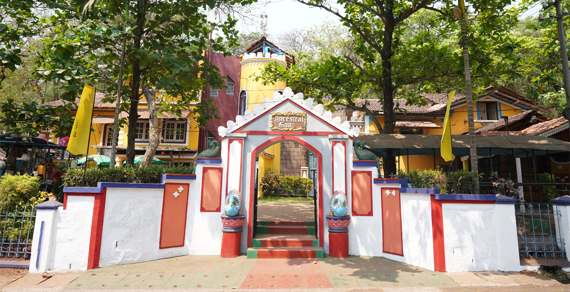 Entrance to Ancestral Goa (Big Foot Goa) heritage museum in Loutolim showcasing traditional Goan architecture