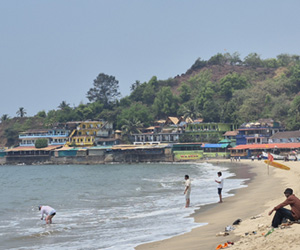 Hillside coastline and beach view at Arambol Beach, Goa