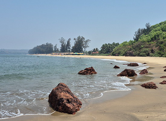 Peaceful view of Arambol Beach in Goa with rocky shoreline, calm sea waves, sandy beach, and greenery along the coast
