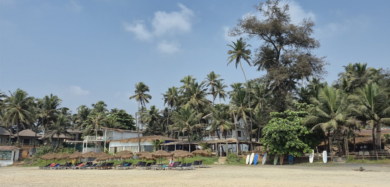 Ashwem Beach Goa with palm trees and beach huts