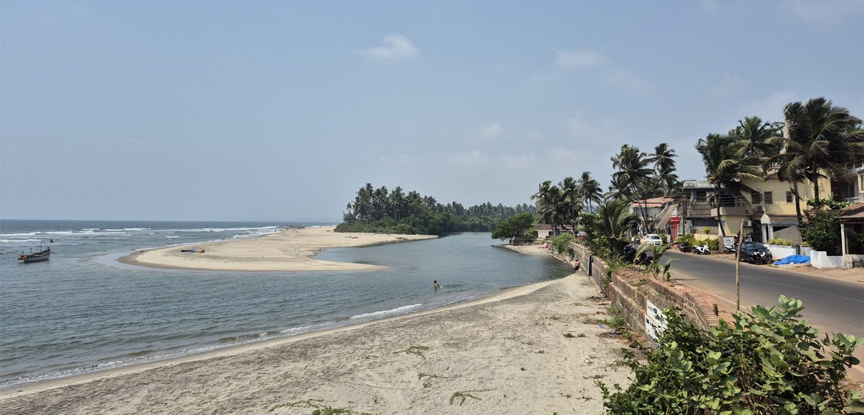 Ashwem Beach Goa with river and palm trees