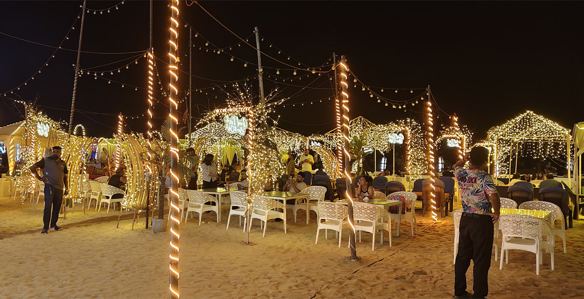 Beachfront restaurant at Baga Beach Goa at night