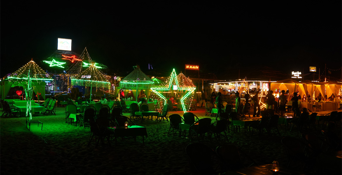Night beach shacks at Baga Beach Goa