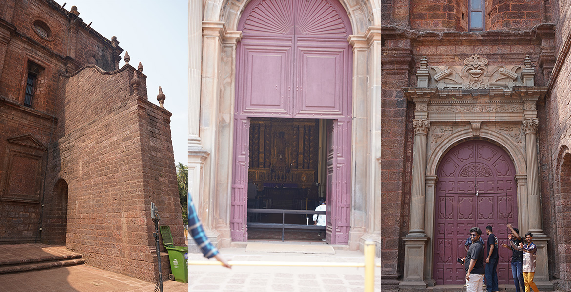 Architectural details of the Basilica of Bom Jesus in Old Goa featuring historic laterite walls, ornate entrances, and Baroque design
