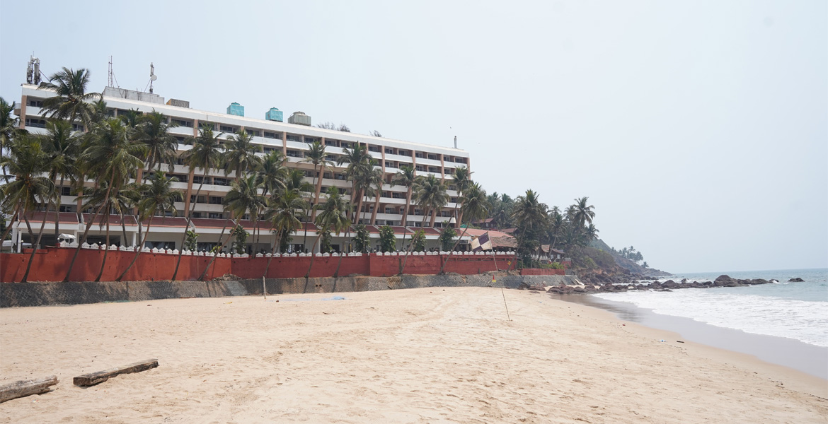 Beachfront resort overlooking the sandy shoreline and Arabian Sea at Bogmalo Beach Goa