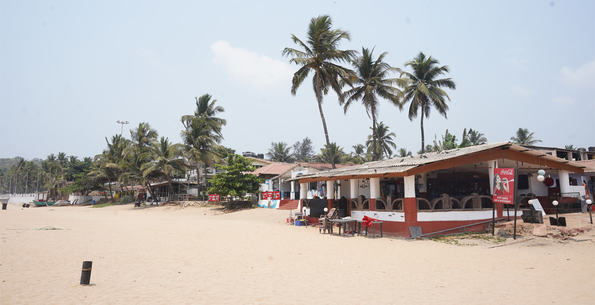 Beachside restaurant and palm trees along the sandy shoreline of Bogmalo Beach in South Goa