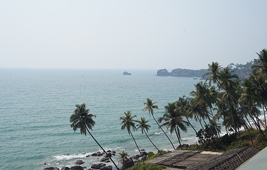 Panoramic Arabian Sea view with swaying coconut palms from Cabo de Rama Fort in South Goa