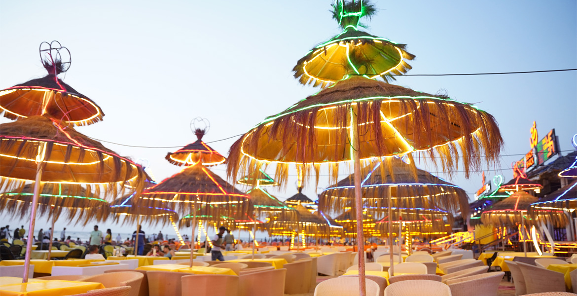 Lighted beach umbrellas at Calangute Beach Goa