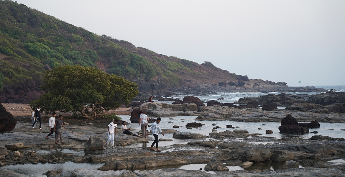 Visitors exploring the rocky shoreline at Curlies Beach Goa