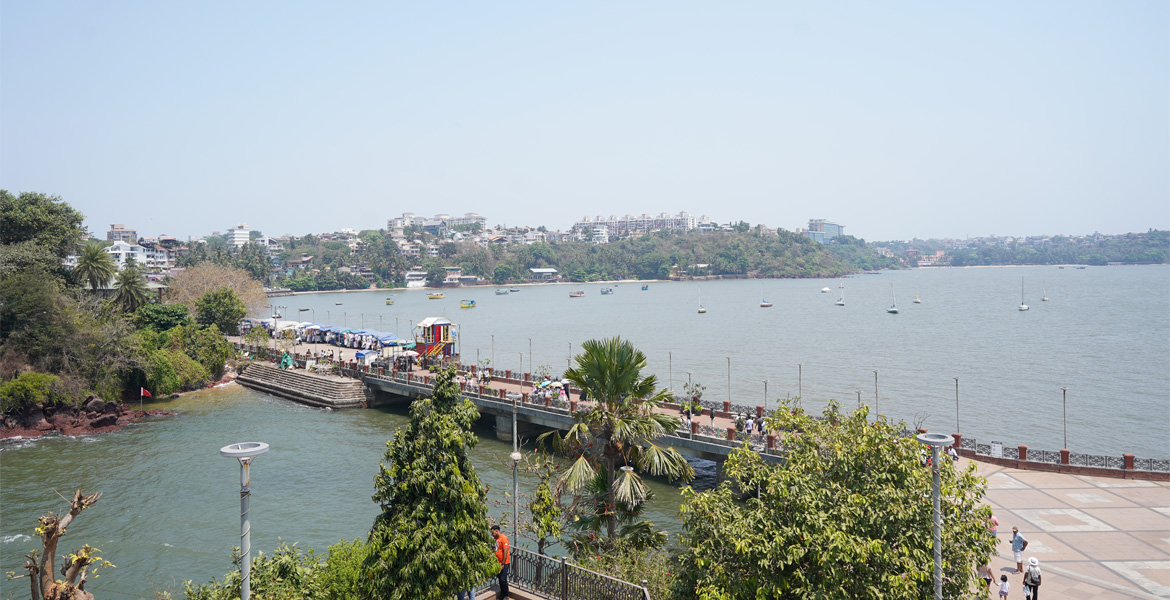 Panoramic view of Dona Paula Goa featuring the jetty, bay, boats, and scenic waterfront landscape