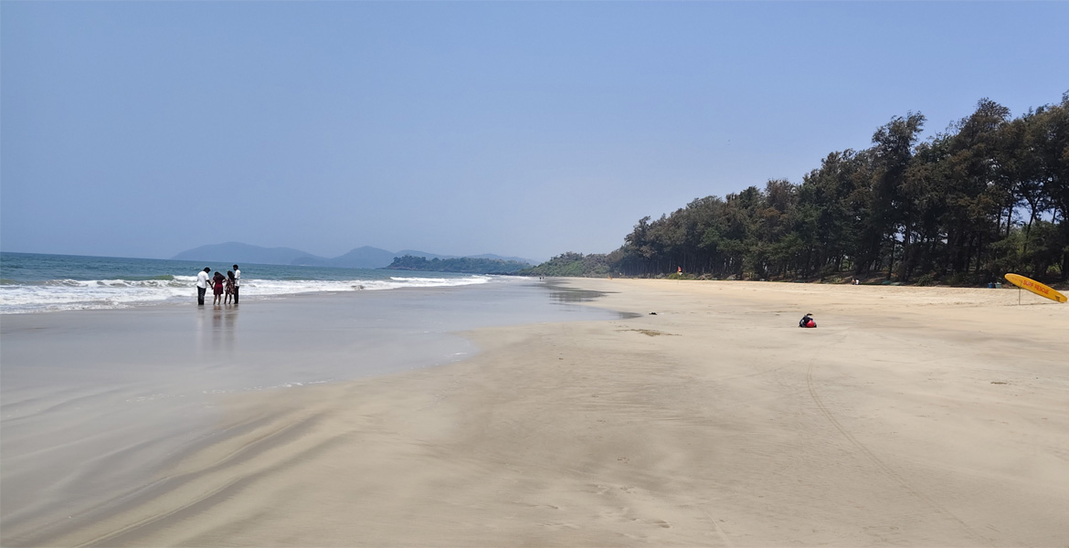Long sandy shoreline with visitors at Galgibaga Beach, Goa