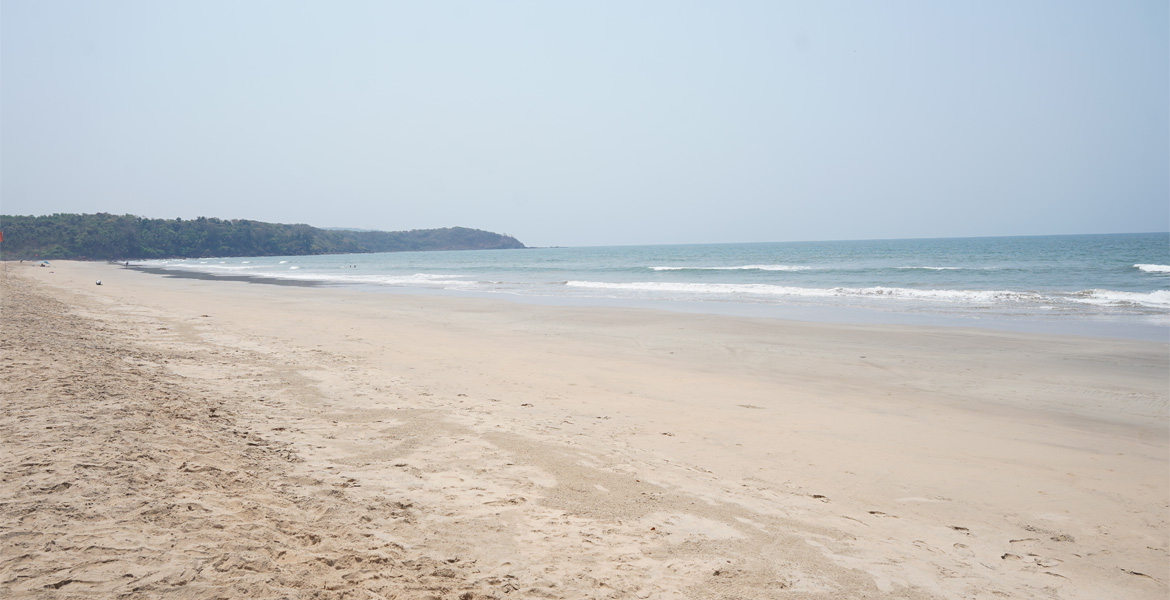 Wide sandy shoreline with gentle waves at Galgibaga Beach, Goa