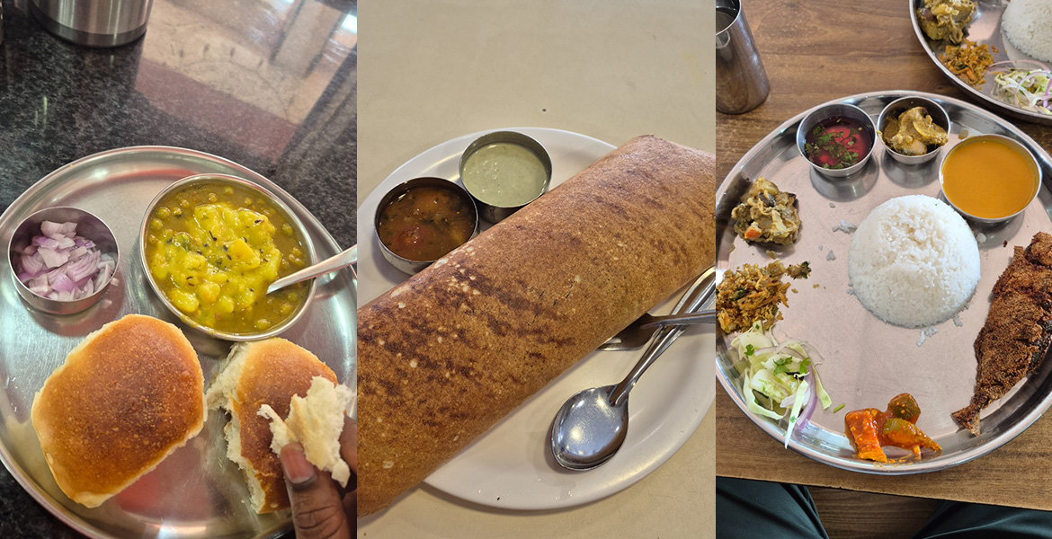 Indian food in Goa with dosa, pav bhaji and fish thali