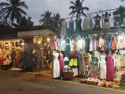 Clothing stalls at a night market in Goa