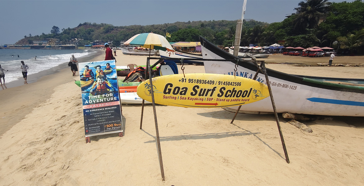 Surf school setup on Goa beach