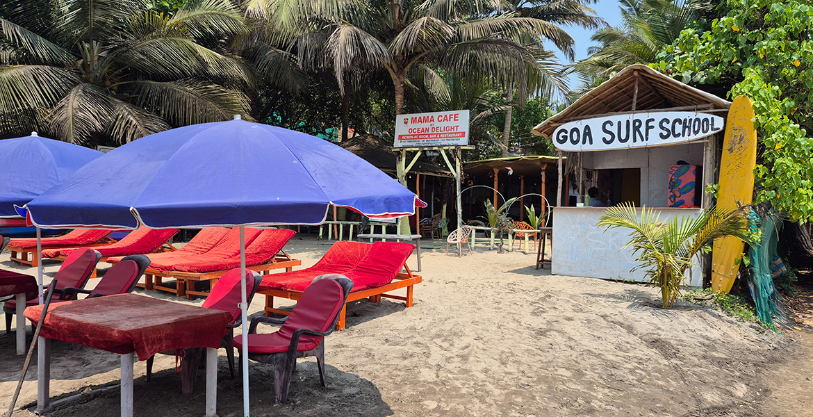 Surf school and beach seating in Goa