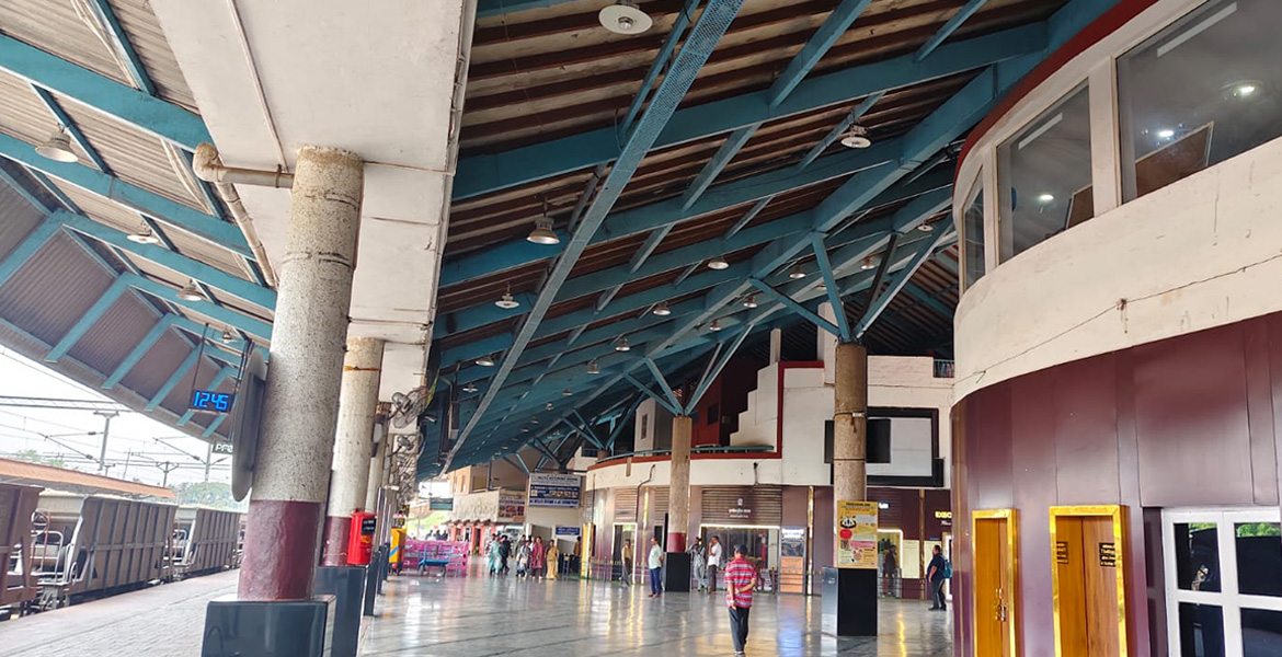 Madgaon Railway Station interior in Goa with passengers