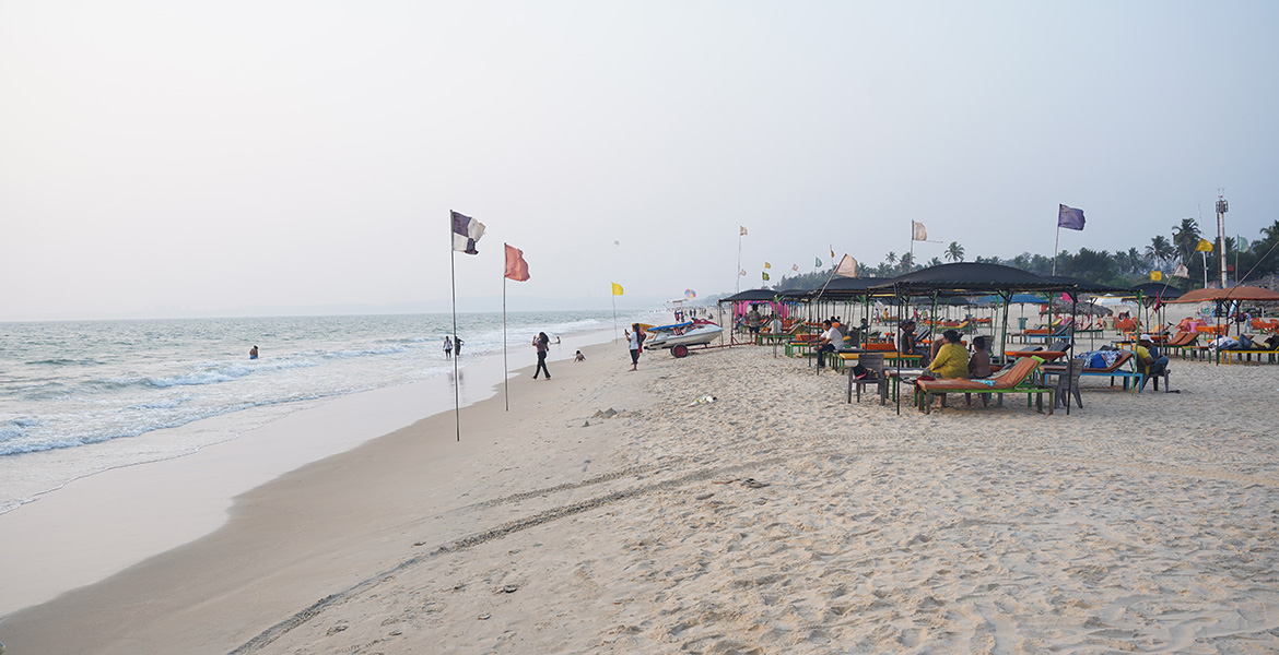 Beach shacks, sunbeds, and a scenic sandy shoreline at Majorda Beach Goa with relaxing coastal views