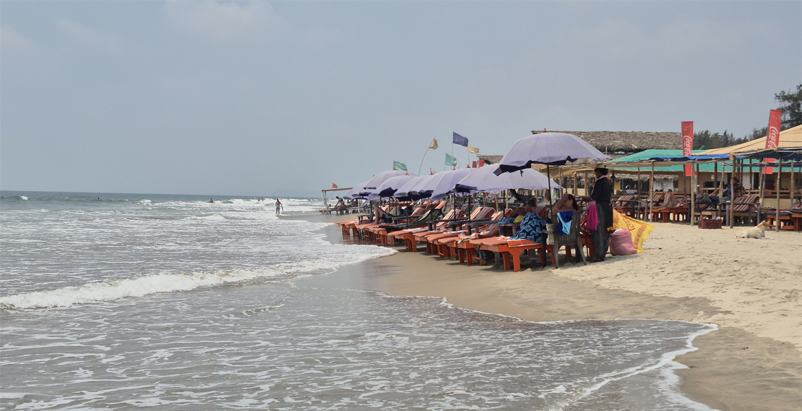 Beach shacks and sunbeds along Mandrem Beach, Goa