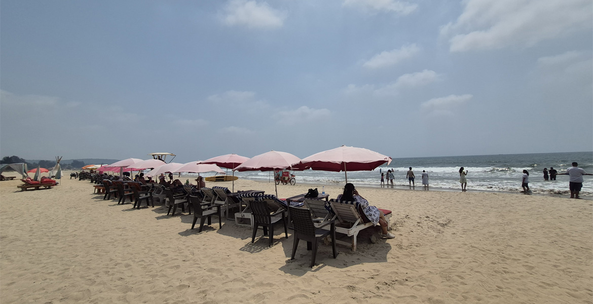 Sunbeds with beach umbrellas at Mandrem Beach, Goa