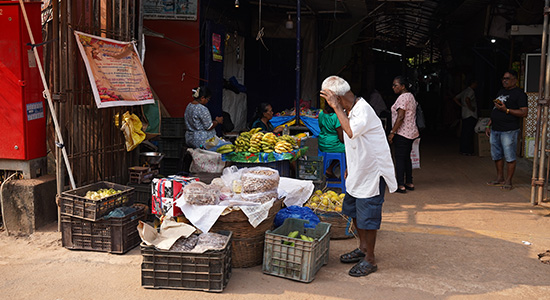 Fresh fruit vendors and shoppers at Margao Market, a popular local market in Goa