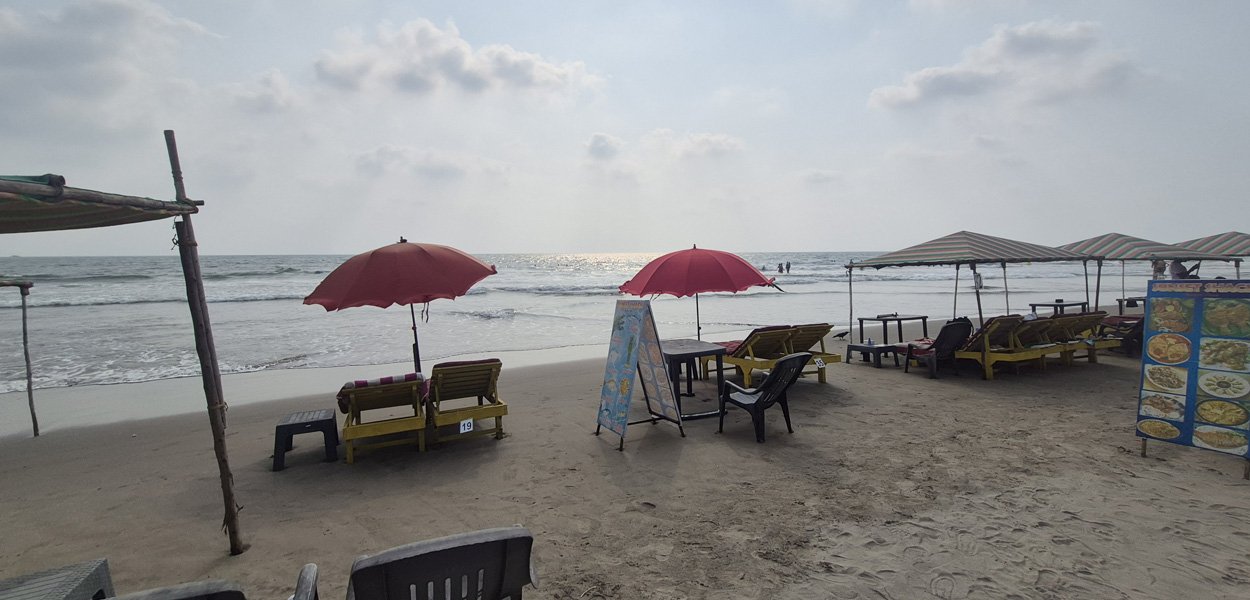 Morjim Beach Goa with beach umbrellas and sunbeds