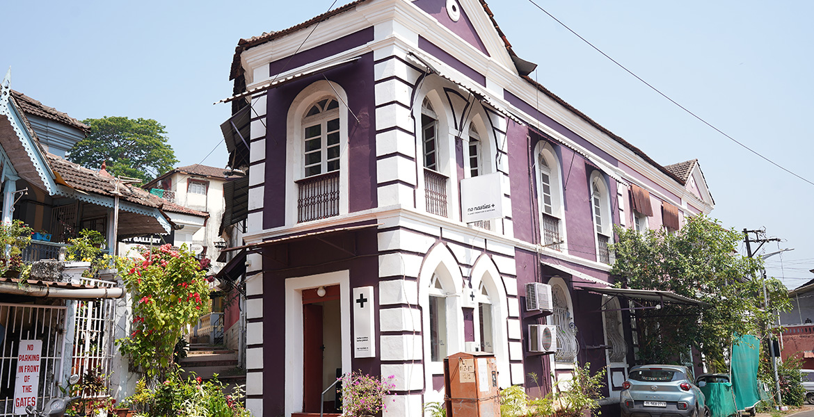 Purple Portuguese-style heritage building in Fontainhas, Goa