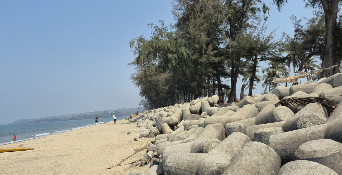 Seawall and sandy shore at Querim Beach Goa