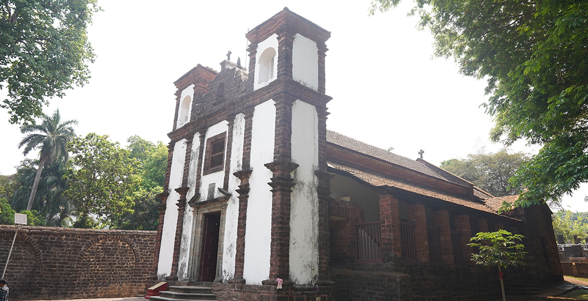 Historic Se Cathedral church in Old Goa with Portuguese-style architecture and white facade