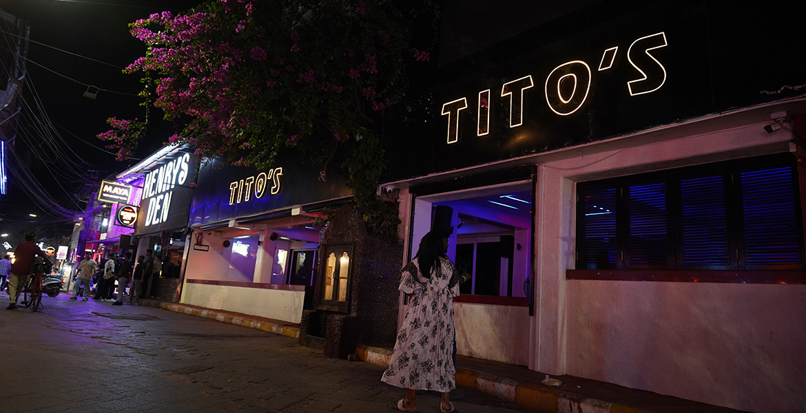 Tito’s nightclub and nightlife street view at Tito’s Lane in Goa during night