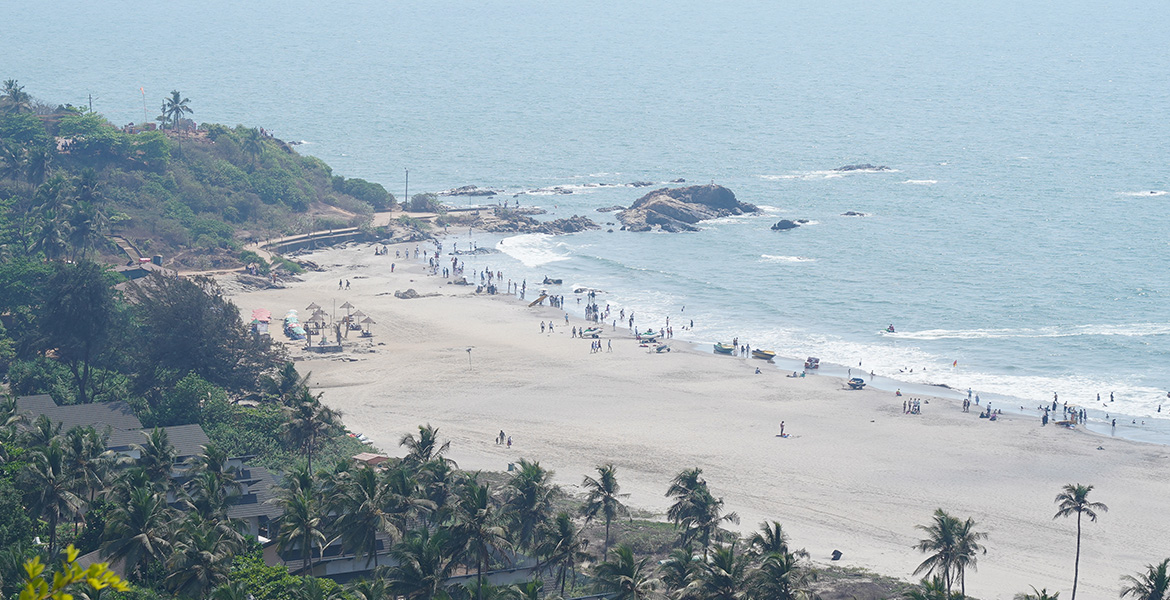 Aerial view of Vagator Beach in Goa with sandy shoreline, palm trees and rocky coastline
