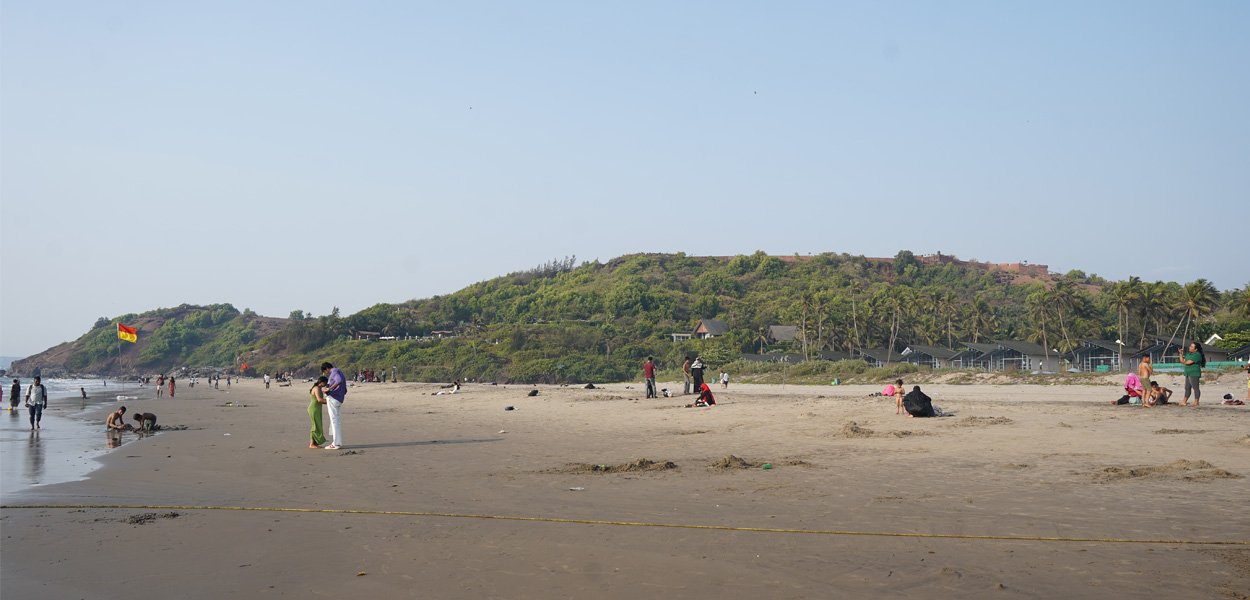 Vagator Beach with hill and palm trees