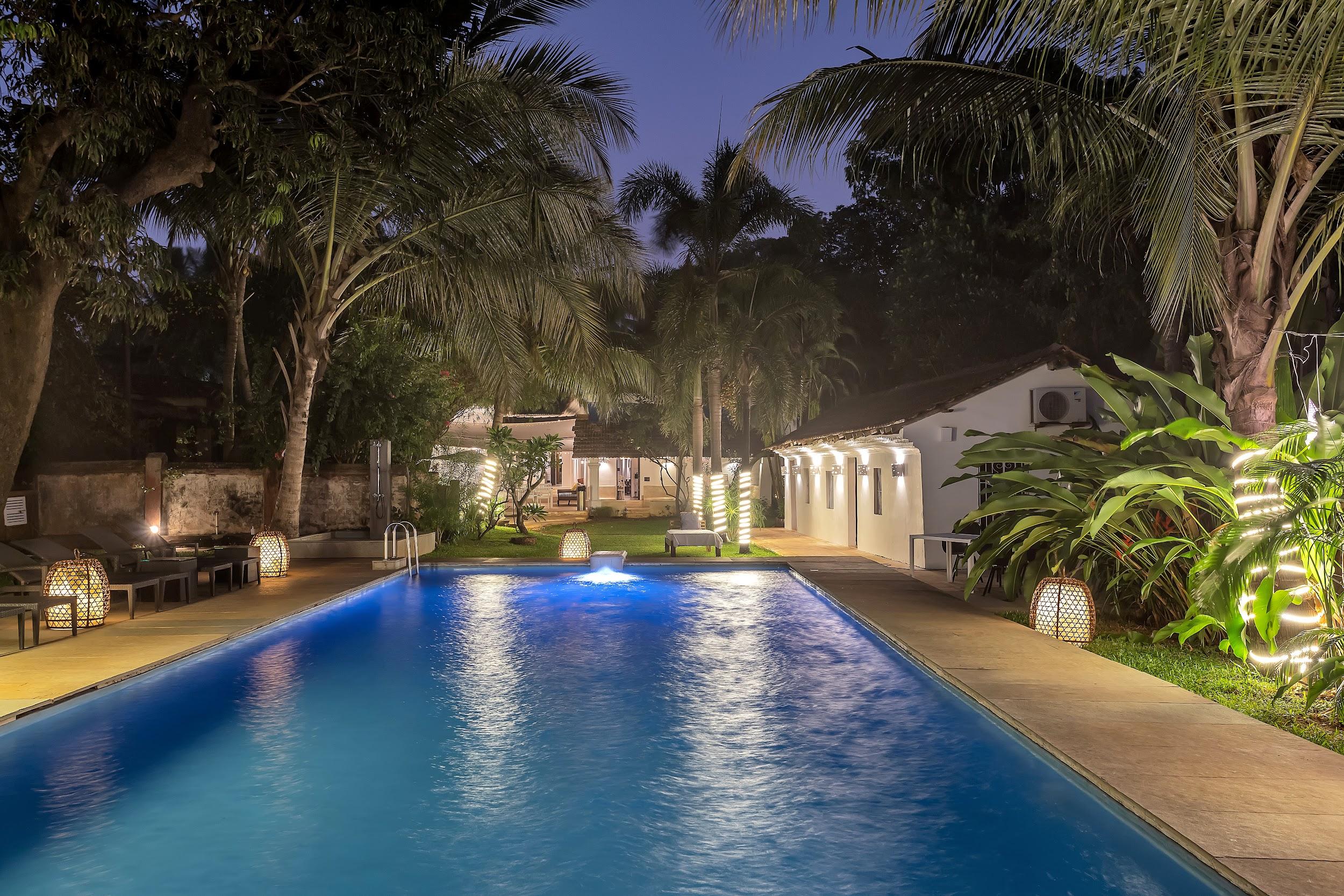 Long swimming pool at night surrounded by palm trees and string lights.