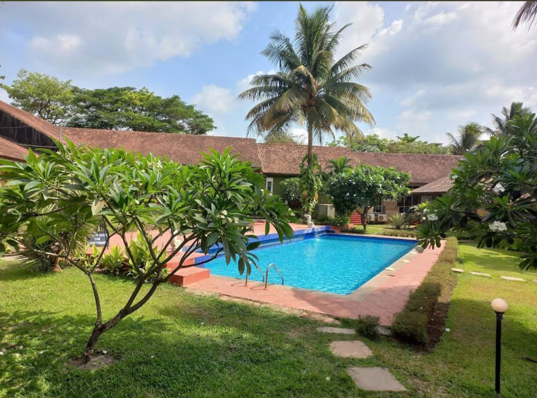 Spacious villa with a large outdoor swimming pool surrounded by palm trees and a green garden