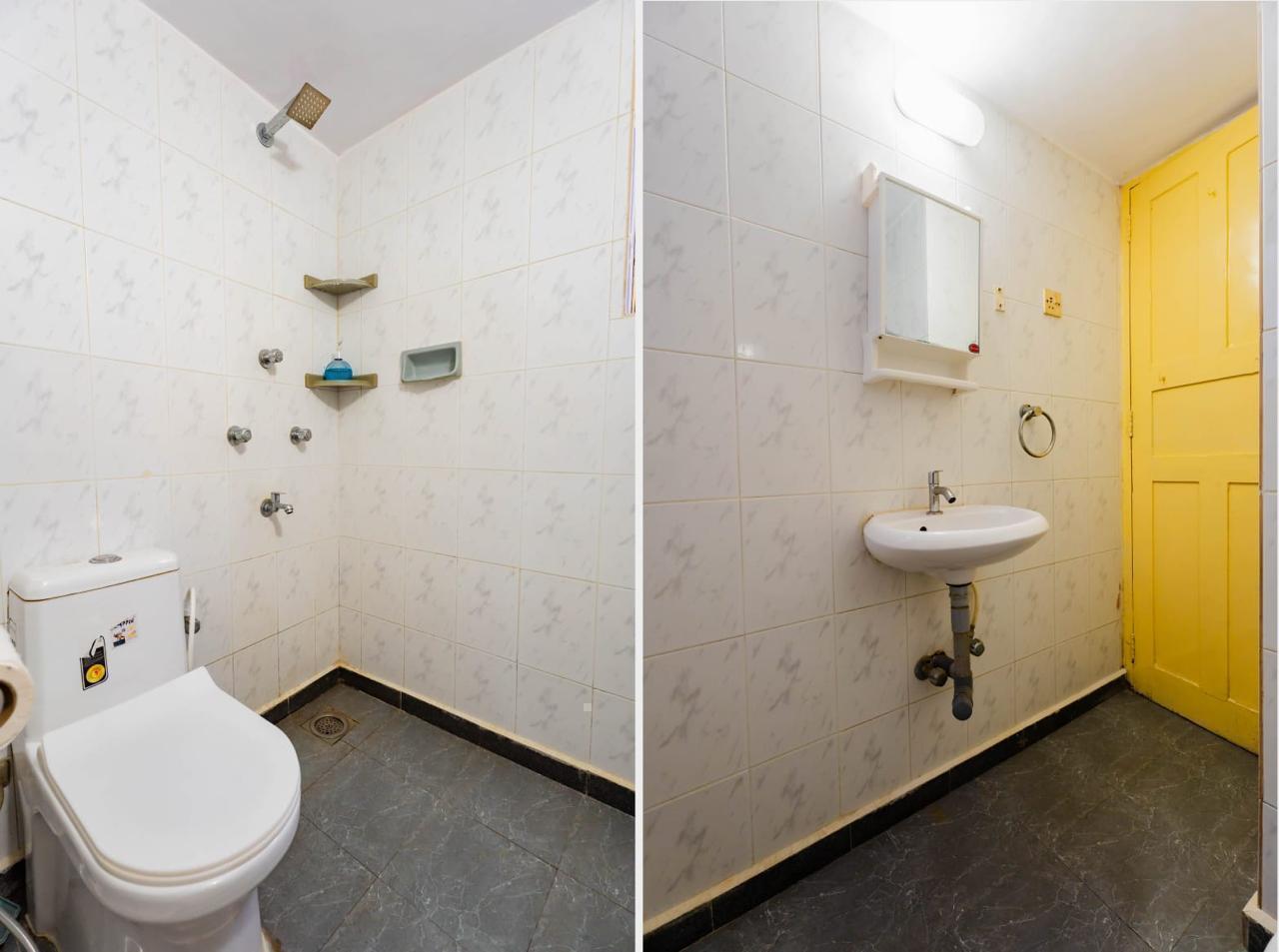  Bathroom split: toilet/shower (left), sink/mirror/yellow door (right), white tiles.