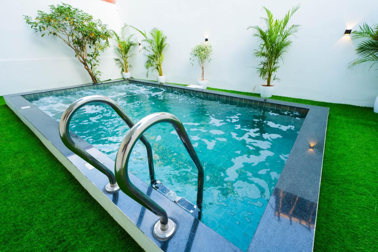 Close-up of pool with ladder, green turf, white walls, and distant plants.