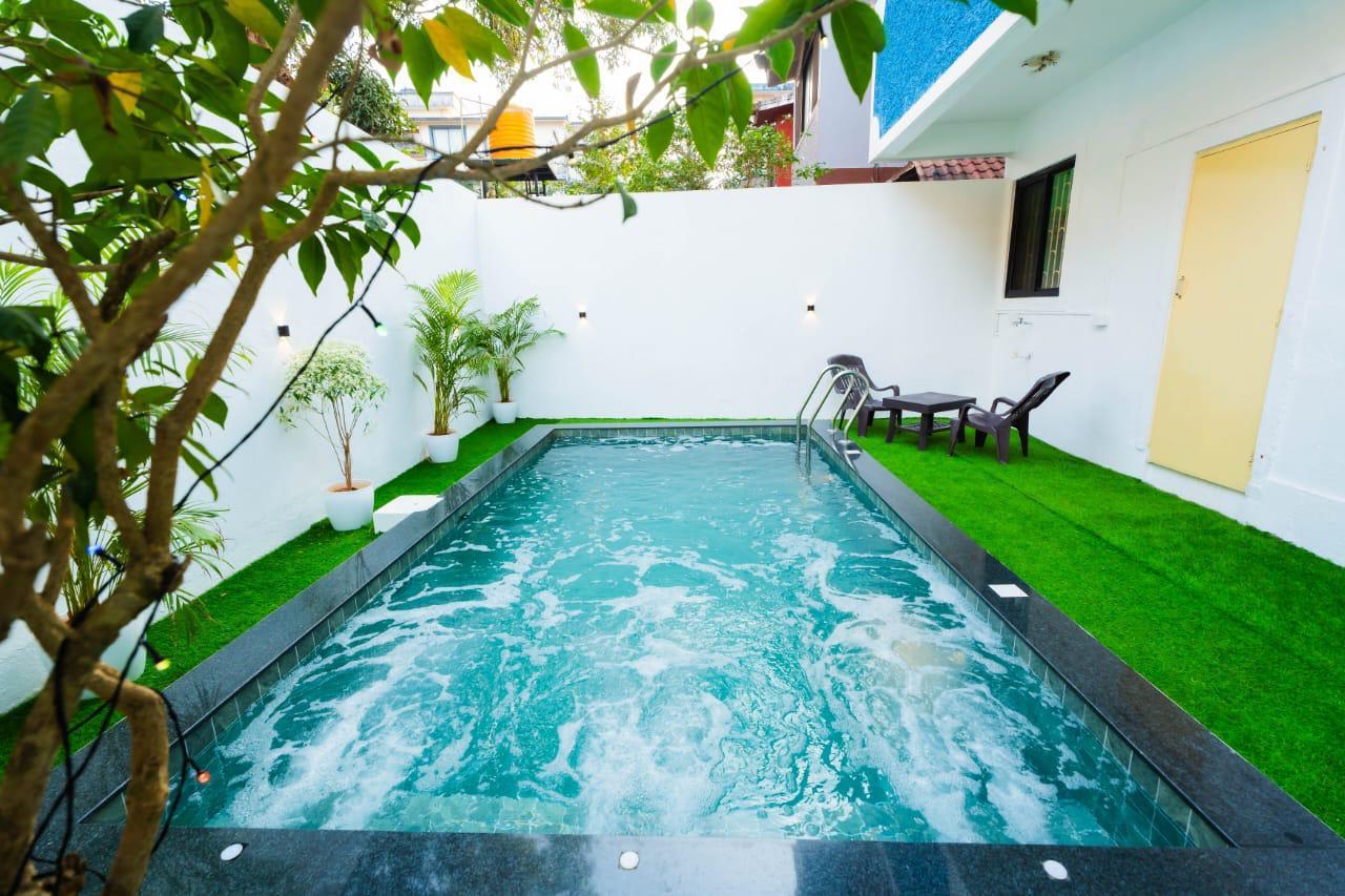 Outdoor pool with green artificial turf, white walls, potted plants, and seating.