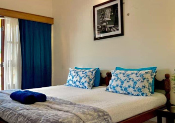 Bedroom interior with blue decor