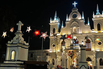 Church of St. Anthony decorated for Christmas at night